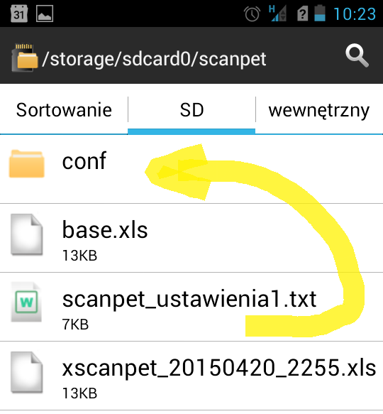 Rysunek 7. Kopiowanie pliku konfiguracyjnego z dysku Google na smartfon. Po skopiowaniu pliku na urządzenie, należy przenieść plik konfiguracyjny scanpet_ustawienia1.txt do podkatalogu conf.