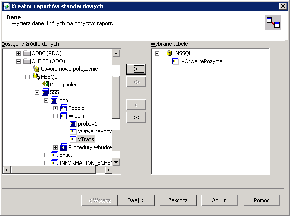 4. Pojawi się okno połączenia z serwerem i bazą danych. Wybrać: Nowe połączenie, OLE DB (ADO), Microsoft OLE DB Provider for SQL Server 5. W polu Server wpisz MSSQL.