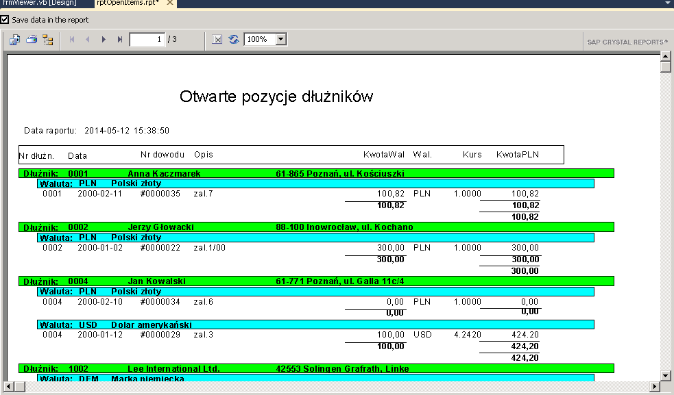 18. Dodaj grupowanie na kod waluty: Insert, Group section, pole votwartepozycje.waluta. 19. Do nagłówka grupy waluty dodać jej opis (Insert, Database field, valuta.