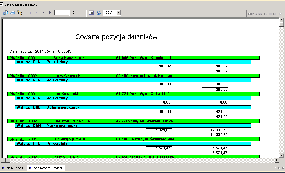 Ćwiczenie 2 Otwarte pozycje Drill Down 1. Ukryj sekcję Details kliknij prawy klawisz myszy na szarym pasku sekcji Details i wybierz Hide (Drill down OK). 2. Uruchom raport (preview).