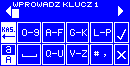 Nacisnąć ikonę BEZPIECZEŃSTWO. Nacisnąć ikonę HASŁA Nacisnąć ikonę WEP Drukarka poprosi o podanie numeru klucza WEP. Wybranie odbywa się przyciskami od do.