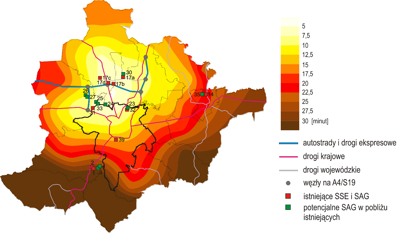 Rys. 37. Czas dojazdu samochodem do węzłów na autostradzie A4 w Rzeszowskim Obszarze Funkcjonalnym w 2014 r. na tle istniejących SSE i SAG i potencjalnych SAG w pobliżu istniejących. r. Źródło: opracowanie własne.