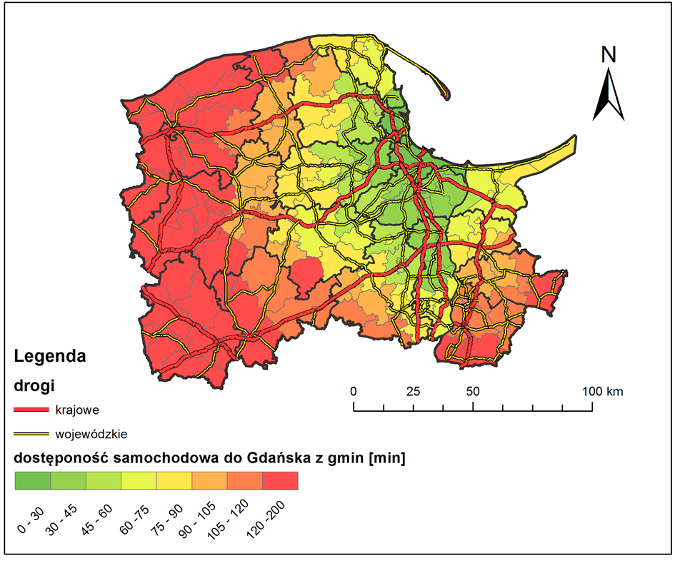 Rysunek 1 Mapa dostępności samochodowej do Gdańska z gmin województwa pomorskiego Źródło: opracowanie własne Bardzo praktycznym i ciekawym zastosowaniem tej metody przez przewoźników lokalnych może