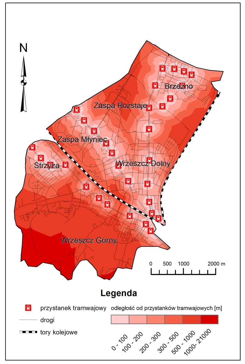 Rysunek 3 Mapa odległości od przystanków