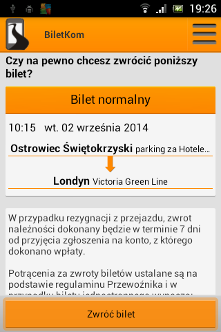 Anulowanie rezerwacji Zwrot biletu Zwrot biletu c.d. Zwroty biletów dokonujemy poprzez opcję Zwróć bilet znajdującą się w zakładce Bilet (pod kodem QR) po otwarciu zakupionego biletu.