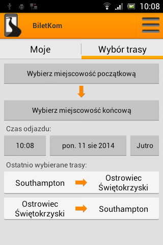 3. Wybór trasy Ekran startowy posiada dwie zakładki: 1. Moje - po lewej, domyślnie aktywna jeśli jest aktualny bilet lub rezerwacja 2.