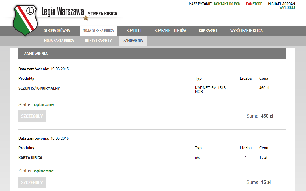 3. ZAMÓWIENIA znajdziesz tutaj historię swoich zamówień - historię zamawianych dla siebie i innych kibiców biletów, karnetów lub pakietów, poprzez Nową Strefę Kibica.