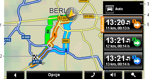 Opis wszystkich dostępnych funkcji znajduje się w rozdziale "Opcje", na stronie 52. 8.5 Mapa w trybie Przegląd Podałeś nowy cel i stuknąłeś w przycisk Uruchom nawigację.