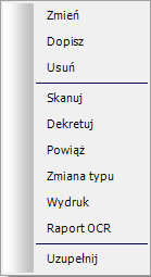 Dopisz umożliwia dodanie nowego skanowanego dokumentu poprzez kreator umożlwiający wybranie typu skanowanego dokumentu, sprawy, w której zostanie dokument załączony oraz wybranie lub utworzenie