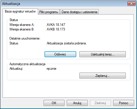 Moduł Administrator 35 Odśwież: Odświeża widok okna. Wczytuje bieżące ustawienia z Serwera G DATA AntiVirus. Aktualizuj teraz: Aktualizuje bazy wirusów modułu Klient G DATA AntiVirus.