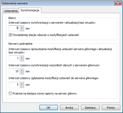 42 Podręcznik G DATA AntiVirus Business 5.3.2.4.4.2 Synchronizacja Ta zakładka umożliwia zdefiniowanie parametrów dotyczących komunikacji między Klientami, Serwerami podrzędnymi i Serwerem głównym programu G DATA AntiVirus Business.