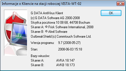 74 6.5 Podręcznik G DATA AntiVirus Business Informacje Polecenie Informacje pozwala sprawdzić datę sygnatur wirusów i numer wersji modułu Klient.