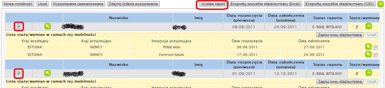 8.2. Jak wystawić raporty wielu uczestnikom jednocześnie? 1. Powtórzyć kroki z części "6.2. Jak wyświetlić szczegółowe informacje o mobilności?". 2.