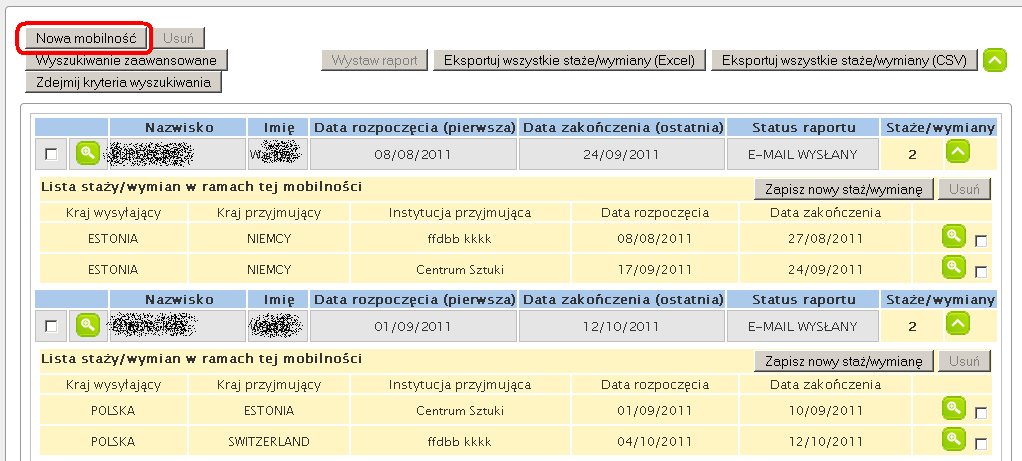 5. Kliknąć przycisk "Nowa mobilność". 6.