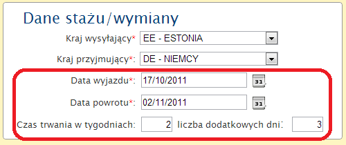 12. W okienku Dane stażu/wymiany upewnić się, czy kraj wysyłający i przyjmujący są prawidłowe. System wypełnia te pola automatycznie na podstawie wybranych instytucji partnerskich. 13.