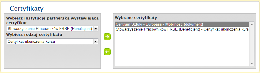 8. W okienku Instytucje partnerskie w stażu/wymianie wybrać instytucję wysyłającą, przyjmującą i, jeżeli występuje, pośredniczącą.