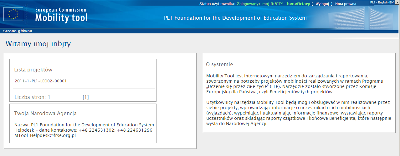 3. Projekt 3.1. Jak wyświetlić informacje o projekcie? 1. Zalogować się do systemu Mobility Tool.