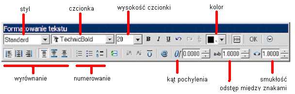 Tekst wielowierszowy wprowadza się poleceniem wtekst, po wywołaniu którego podajemy lewy górny naroŝnik ramki tekstu oraz jej wymiary przez podanie prawego dolnego naroŝnika.