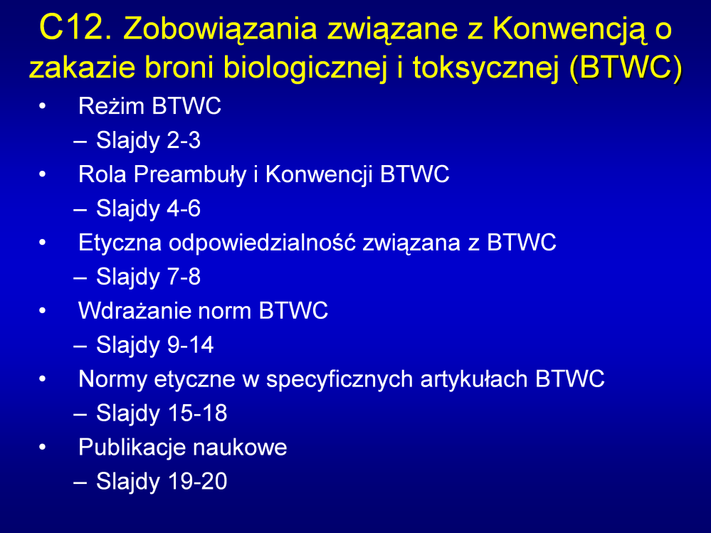 Uwagi: Celem wykładu jest rozważenie w jaki sposób mogą zostać wprowadzone w praktyce wyobrażalne normy międzynarodowe przeciw broni biologicznej i toksycznej.