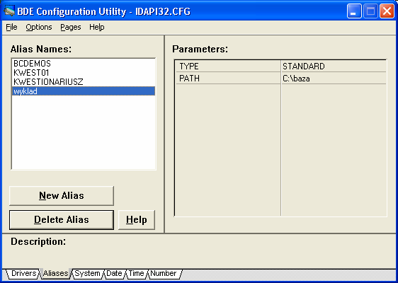 Konfiguracja BDE (2/5) Zakładka Aliases: pozwala na zarządzanie aliasami czyli symboliczną reprezentacją fizycznego katalogu składowania plików bazy danych w