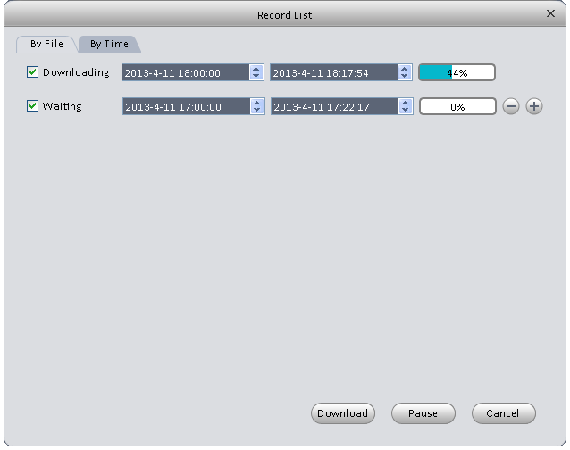 4.2.2 Lista nagrań Kliknij przycisk w prawym górnym rogu odtwarzanego okna. System wyświetli poniższy interfejs, możesz ustawić pobieranie po czasie lub po nagraniach.
