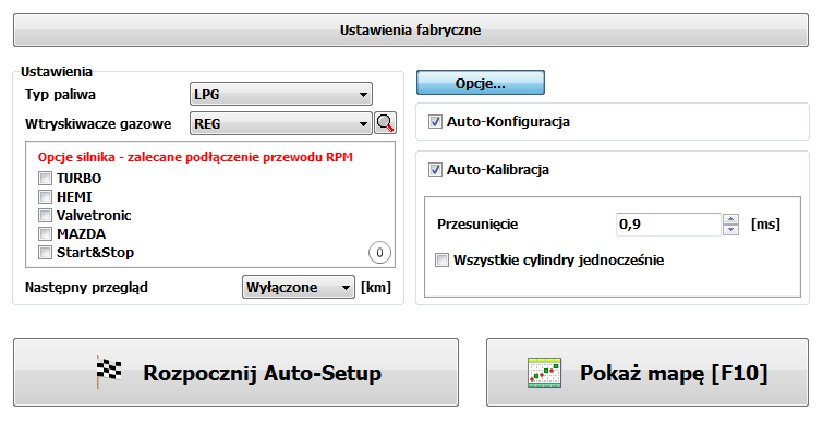 Strona 26 z 66 3.5.1 Auto Setup Przed rozpoczęciem procedury Auto Setup należy ustawić podstawowe wymagane parametry: typ paliwa alternatywnego oraz wtryskiwaczy gazowych.