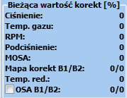 Strona 45 z 66 Rys. 3.33 Model z kalibracją biegu jałowego. W oknie Model znajduje się ramka z bieżącymi wartościami korekt uaktualnianymi w czasie rzeczywistym (Rys. 3.34): Rys. 3.34 Ramka bieżących korekt w oknie Model.