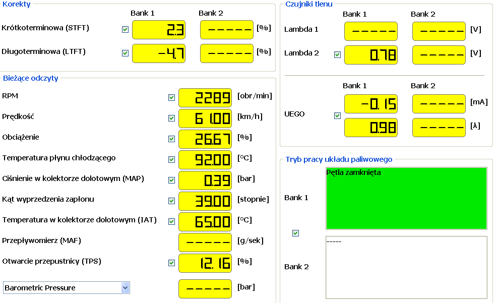 Strona 63 z 66 3.9.1 Okno Bieżące odczyty Pozwala na monitorowanie odczytów z OBD na bieżąco.