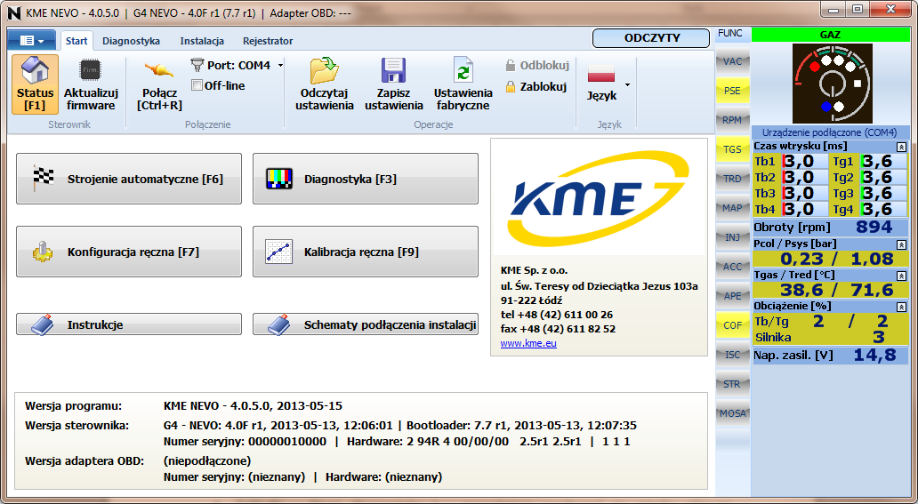 Strona 8 z 66 3 Interfejs programu 3.1 Widok startowy Po uruchomieniu programu na ekranie pokazuje się startowe okno programu widoczne na Rys. 3.1. Podczas uruchomienia program próbuje automatycznie połączyć się ze sterownikiem.