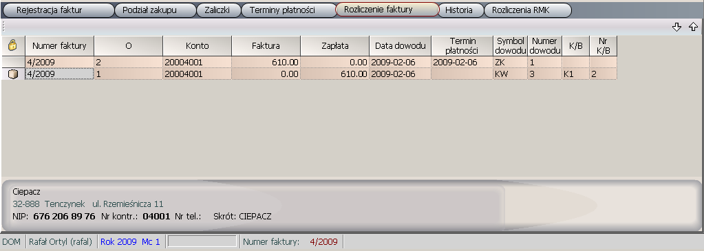 b) Zaliczki Formatka umożliwia podgląd na rozliczenie zaliczki. Widoczna jest kwota, numer zaliczki, data pobrania oraz dane personalne zaliczkobiorcy. c) Terminy płatności Formatka nieaktywna. Rys.