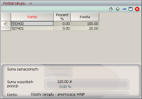 Rys. 1.8 Podział kont kosztowych dla pozycji faktury. Na makietce dla usprawnienia pracy widoczna jest nazwa wpisanego konta. Użytkownik posiada możliwość zaznaczenie wybranych rekordów.