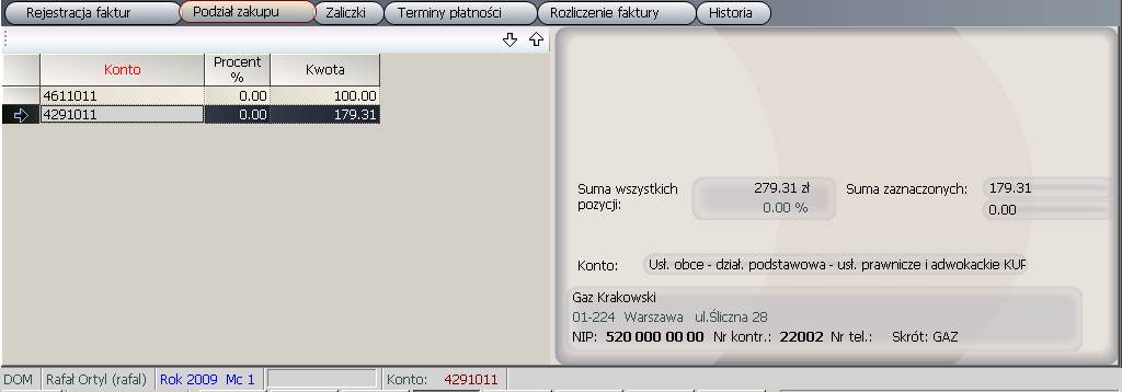 Część księgowa Rok, mc księgowy w tych polach wskazujemy rok, miesiąc do jakiego ma zostać zaksięgowana faktura Data księgowania data księgowania pole wypełniane data pierwszego księgowania Data Vat