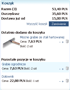 Str. 132 Moduł isklep24 v. 5.0 Rys. 165 Plugin Koszyk. Wybrane produkty prezentowane są w koszyku w postaci listy.