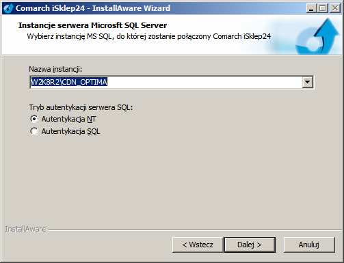Podręcznik Użytkownika systemu Comarch OPT!MA Str. 205 Konfiguracja połączenia z serwerem SQL W kolejnym oknie instalatora podajemy nazwę serwera SQL, na którym zainstalowane są bazy COMARCH OPT!MA. Poniżej wybieramy tryb autentykacji na serwerze SQL.