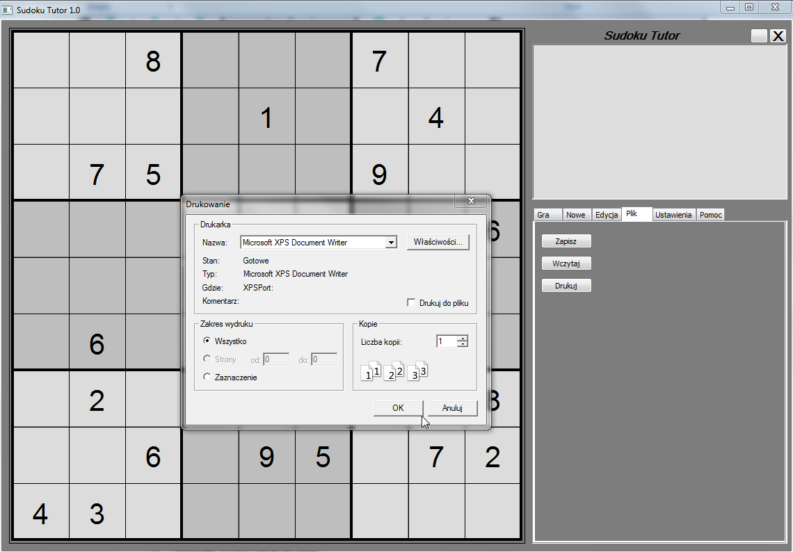 Rysunek 15 Drukowanie planszy - każdą planszę w Sudoku Tutor możesz i rozwiązad w tradycyjny sposób - za pomocą ołówka EDYCJA WŁASNEJ PLANSZY W panelu Edycja możesz uruchomid tryb edycji planszy