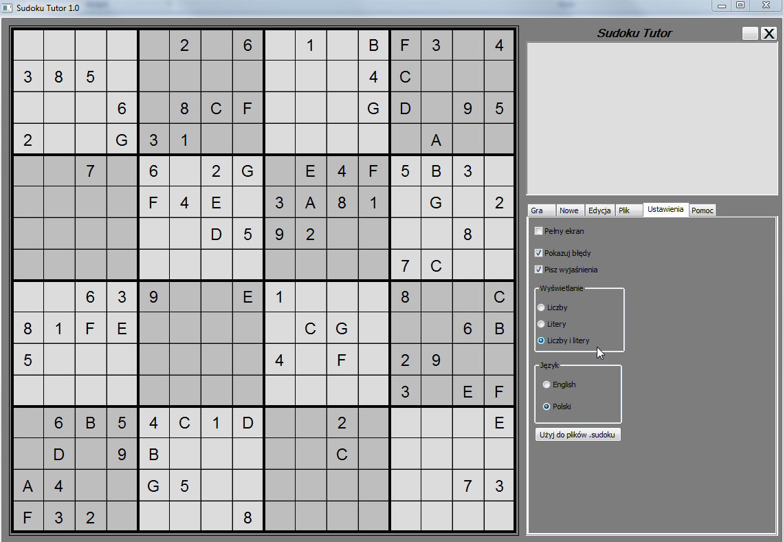 Rysunek 21 Wartości sudoku wyświetlone jako cyfry 0-9 oraz litery dla wartości powyżej 9.