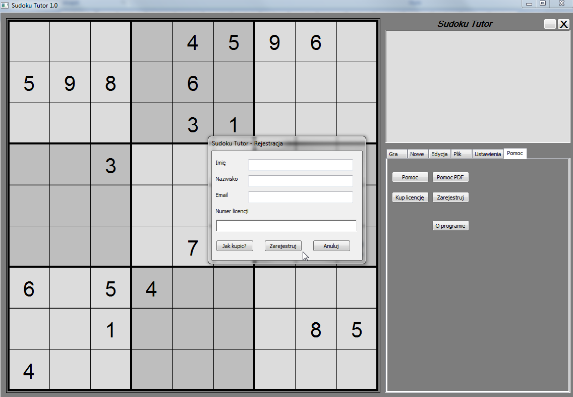 ZAKUP LICENCJI I REJESTRACJA PROGRAMU Aby aktywowad Sudoku Tutor 1.0 musisz kupid licencję. Aktualną cenę i szczegółowe instrukcje znajdziesz na stronie.