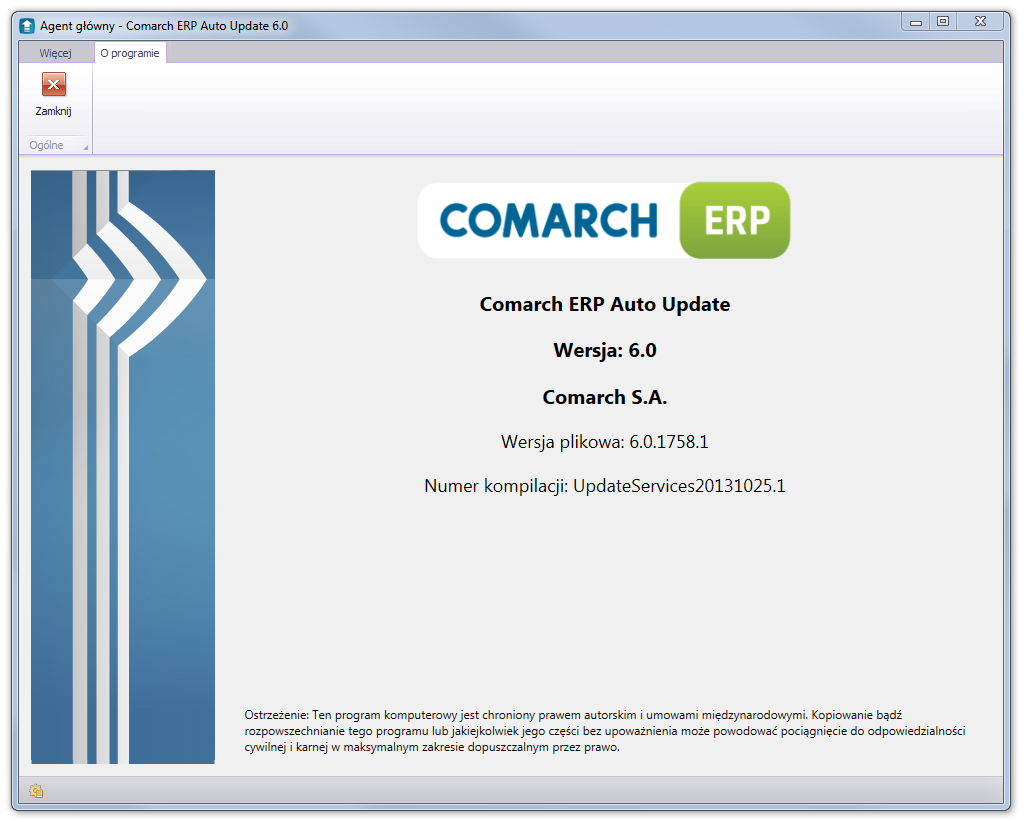 Rysunek 122 Karta O programie 6. POPRAWIONO 6.1. Zmiana nazwy aplikacji W wersji 6.0 zmieniona została nazwa aplikacji. Starą nazwę Comarch ERP Update Agent zastąpiła nowa Comarch ERP Auto Update.