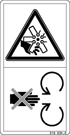 Rys. 12. Rys. 13. Rys. 14. Rys. 12. Przy pracującym silniku zachować odstęp. Rys. 13. Nie dotykać żadnych poruszających się części maszyny. Odczekać, aż się całkowicie zatrzymają. Rys. 14. Niebezpieczeństwo ze strony obracających się części maszyny.