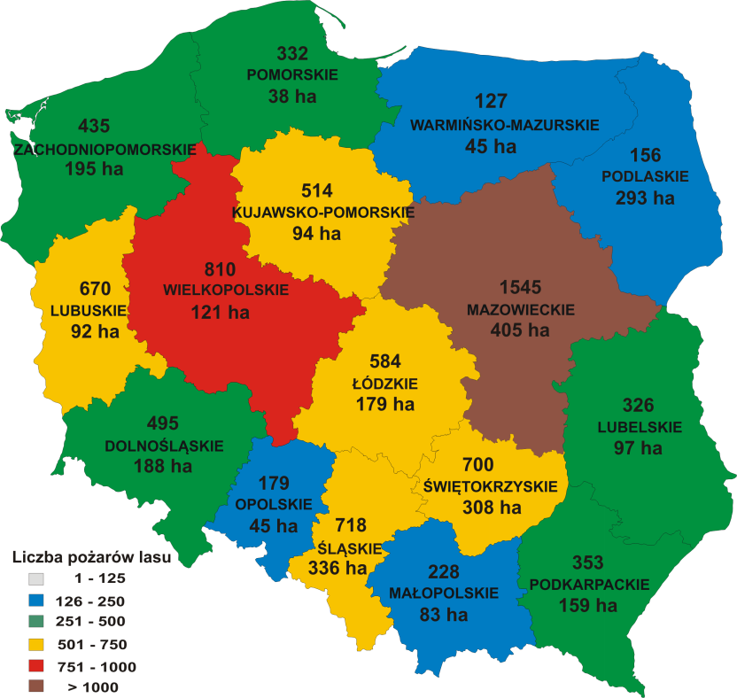 Rysunek 99. Liczba pożarów lasu i powierzchnia spalona w poszczególnych województwach w 212 r.