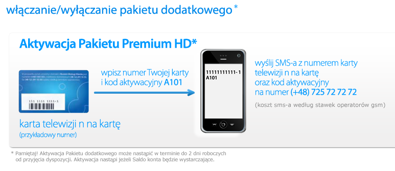 WŁĄCZ / WYŁĄCZ PAKIET Aby aktywować Pakiet Premium HD Klient wysyła SMS z tel. komórkowego zawierający numer karty telewizji n na kartę i kod aktywacyjny A 101. SMS wysyła na numer (+48) 725 72 72 72.