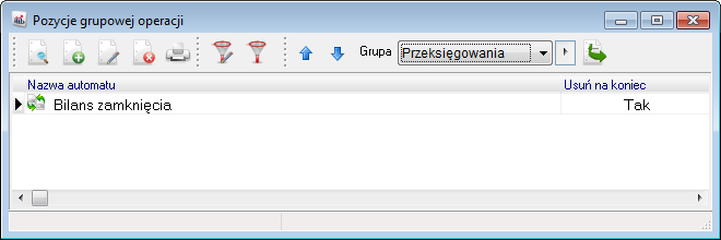 W polu Grupa użytkownik może wybrać grupę, dla której chce wprowadzać pozycje. Nowe pozycje dla grupowej operacji dodajemy za pomocą ikony Dodaj lub klawisz funkcyjnego <F3>.