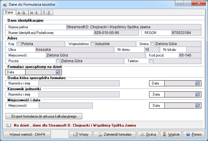 Zmianę parametrów wyliczania można uzyskać wybierając, za pomocą prawego klawisza myszki ustawionego w siatce danych, opcję Zmień parametry <Ctrl+F5>.