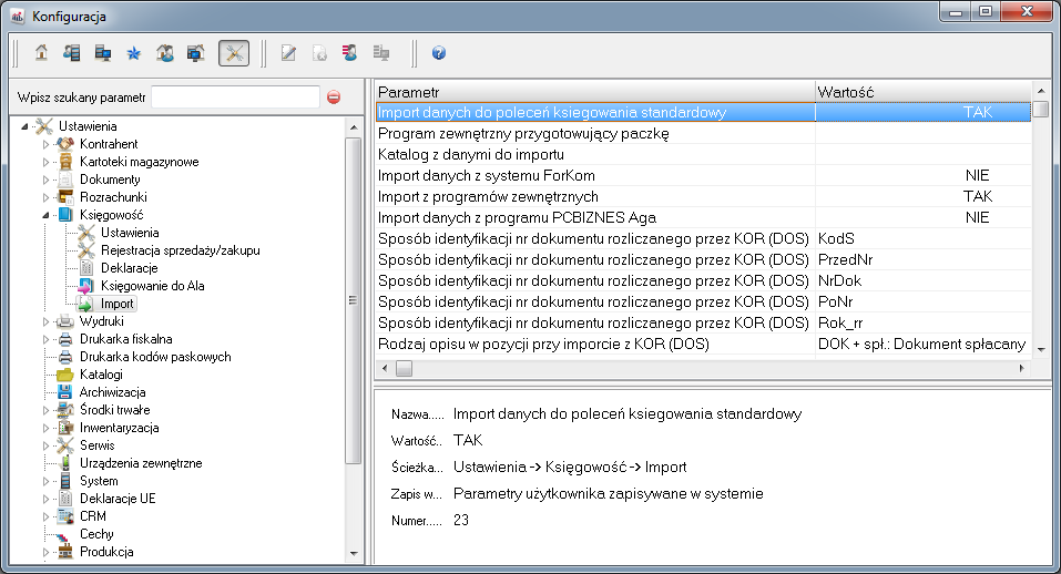 Aby opcja Import/eksport danych była widoczna w menu głównym Dokumenty, należy włączyć polecenie importu w Konfiguracji systemu: System Konfiguracja Ustawienia Księgowość Import Aby możliwy był