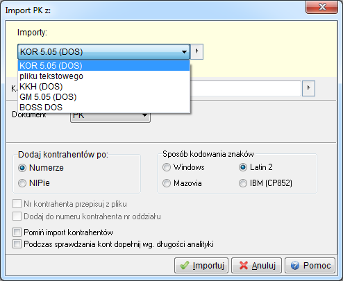 Opcje widoczne w oknie Import PK z, są nieco inne dla poszczególnych programów zewnętrznych.