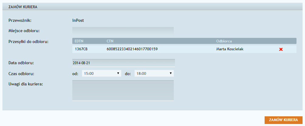 Rys. 81 Wybór przewoźnika przy zamawianiu kuriera WAŻNE: Dla InPostu zamawianie kuriera jest możliwe po uprzednim zdefiniowaniu punktu odbioru paczek na koncie Managera (Paczkomaty.