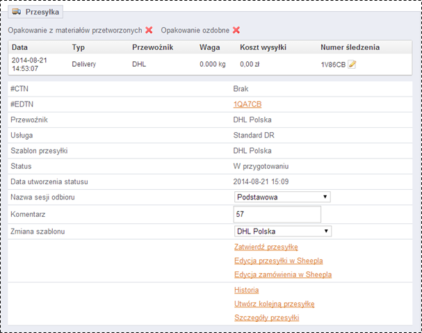 Poczta Polska) czy dodać komentarz do etykiety. Zamówienie można też edytować w panelu Sheepla. Krok 6 Jeżeli wszystkie informacje są poprawne, klikamy na link Zatwierdź przesyłkę.