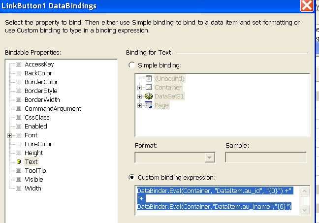 Rys. 40 19. W oknie DataBindings (Rys.41) ustal Bindable Properties = Text, oraz Custom binding expression.