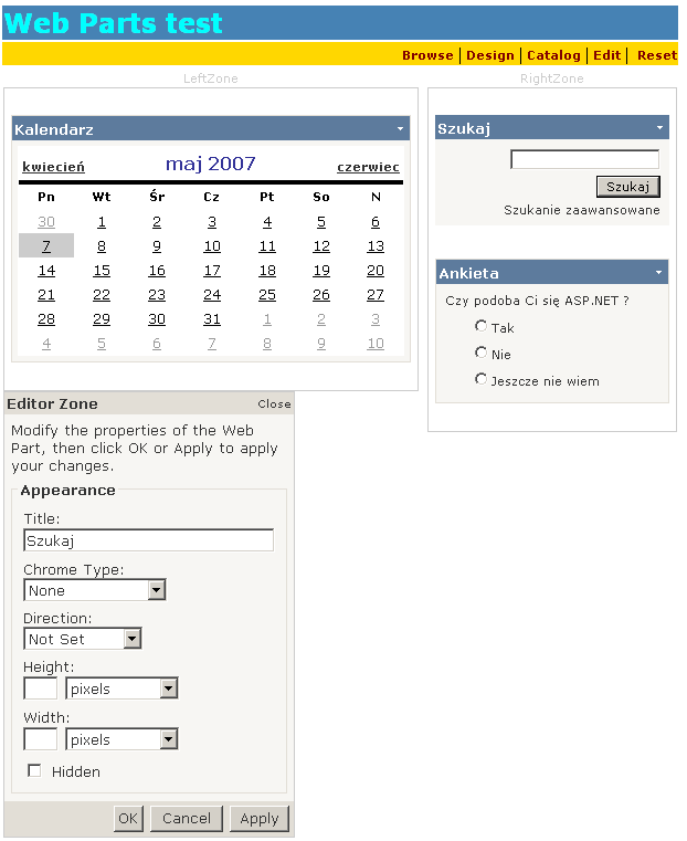 Dodanie komponentu EditorZone umożliwi on edycję wyglądu i zachowania poszczególnych elementów Wybranie z panelu Toolbox komponentu EditorZone i dodanie go jednej ze stref, np.
