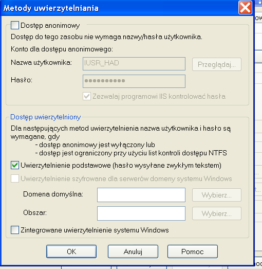 Dostęp anonimowy = false Uwierzytelnienie podstawowe= true Rys.17a : Uwierzytelnianie za pośrednictwem formularza.